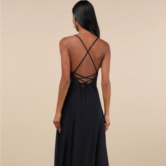 Lulus Stylish Grace Navy Blue Backless Lace-Up Ruffled Maxi Dress Size Small NEW - Picture 11 of 12